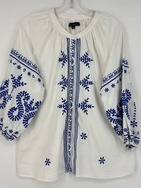 Calessa Womens Medium Button Front Shirt White Blue Embroidery Statement Sleeves